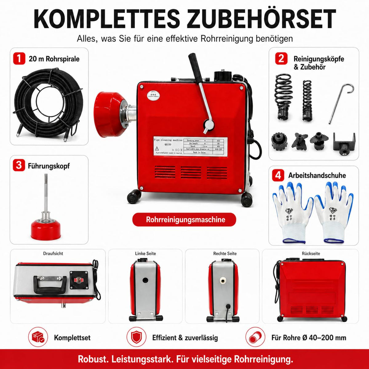 Rohrreinigungsmaschine 850W mit 400 U/min Ausgangsdrehzahl für Rohre Ø40–200 mm, inkl. 20 m Spirale, Biegespirale und 6 Reinigungsköpfen