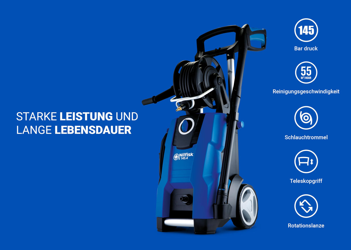 Hochdruckreiniger E 145 mit 145 bar, 2100 W und Zubehör-Set inkl. Schaumsprüher, Flächenreiniger, Bürste und Rohrreinigungs-Set