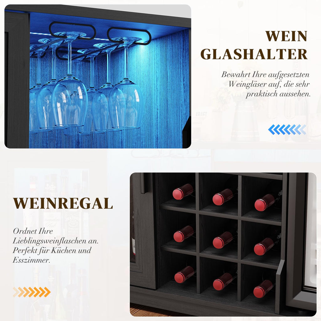 Barschrank mit Kühlschrank in Schwarz, 120 cm breit mit 9 Weinregalen, LED-Beleuchtung und Bewegungssensor
