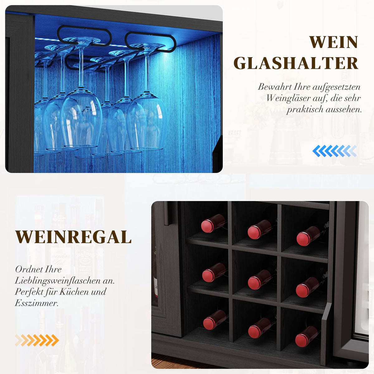 Barschrank mit Kühlschrank in Schwarz, 120 cm breit mit 9 Weinregalen, LED-Beleuchtung und Bewegungssensor