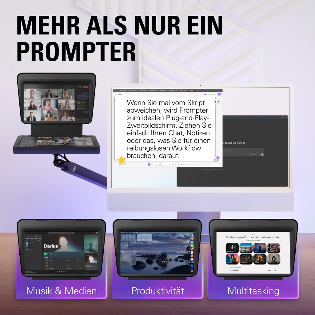 Teleprompter mit integriertem 9-Zoll-Display, 1024 x 600 px, USB-C, für Kameras mit Adapterringen 49-82 mm