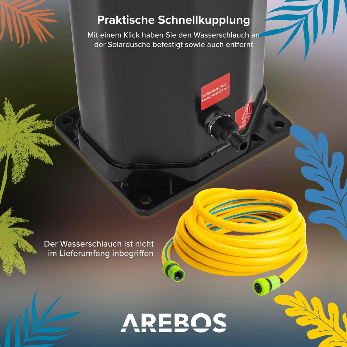 Solardusche 60 Liter für Garten und Terrasse mit schwenkbarem Duschkopf, Handbrause und Fußhahn