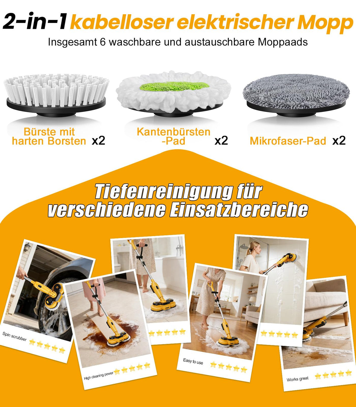 Elektrischer Wischmopp M3 Pro mit 2 Akkus 800 U/min 300 ml Wassertank LED-Licht und 3 Geschwindigkeitsstufen