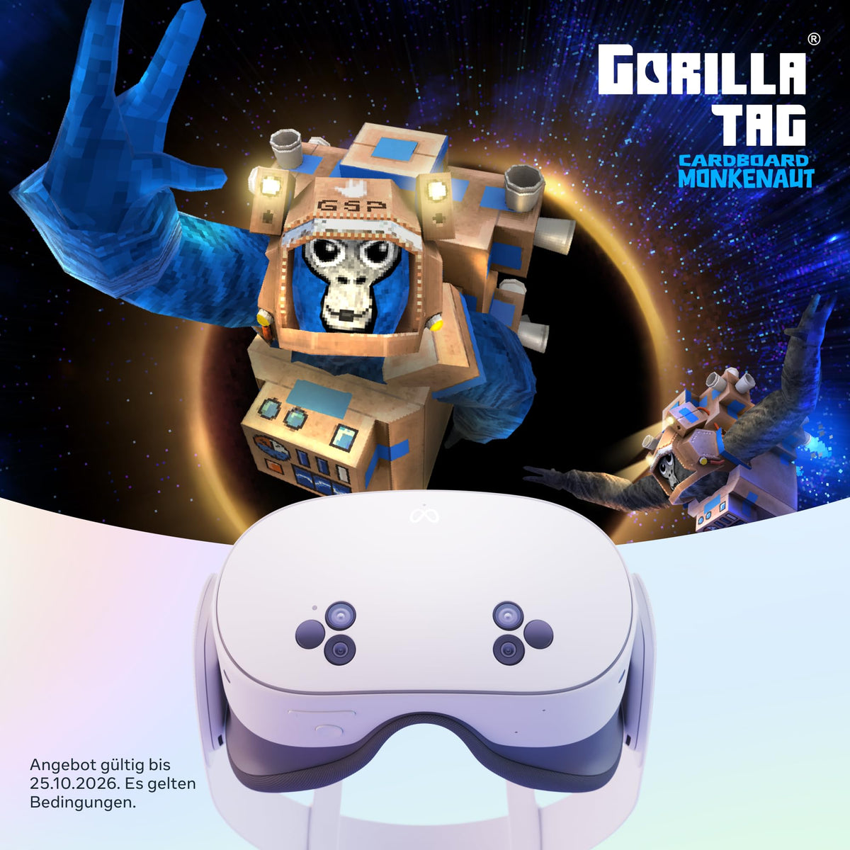 VR-Headset Meta Quest 3S 128 GB mit Gorilla Tag Cardboard Monkenaut Bundle, Virtual Reality ohne Kabel und Snapdragon XR2 Gen 2