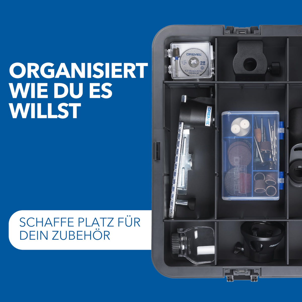 Akku-Multitool 12V 2Ah mit 2 Akkus, 5 Aufsätzen und 65 Zubehören in Dremel Box zum Schneiden, Gravieren, Schleifen und Polieren