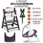 5-in-1 Hochstuhl Beta+ Newborn Set mit Deluxe Bouncer, Sitzpolster und Essbrett, aus FSC-zertifiziertem Buchenholz, Dark Grey