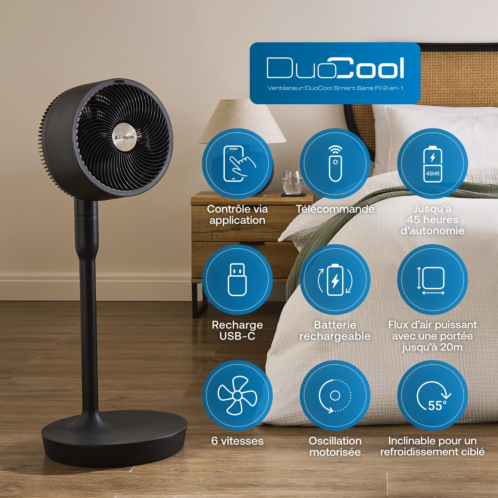 Ventilateur sans fil 2 en 1 sur pied et de table DUOCOOL Smart avec batterie rechargeable 45 h 5 vitesses mode Turbo télécommande et application