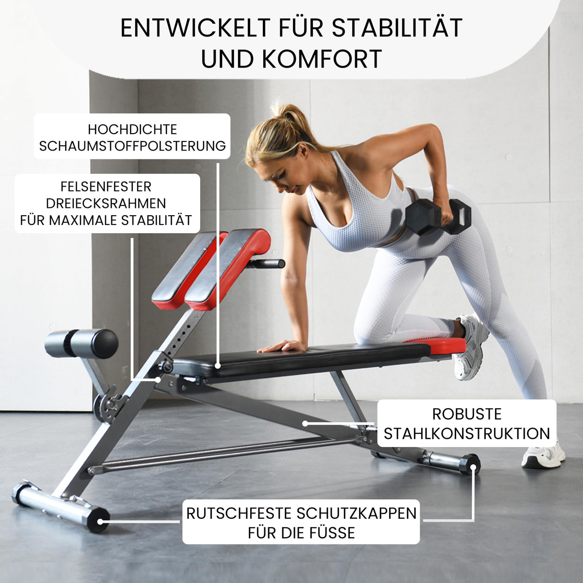 Multifunktionale Hantelbank mit Bauch- und Rückentrainer, 8-fach verstellbar, inkl. Übungsposter