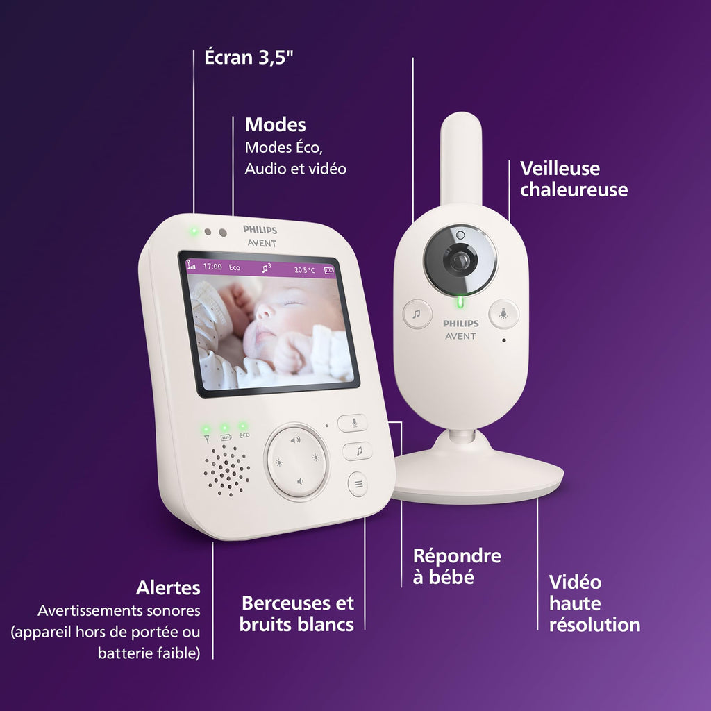 Babyphone vidéo SCD891/26 avec caméra écran 3,5 pouces zoom numérique x4 vision nocturne audio berceuses et capteur température