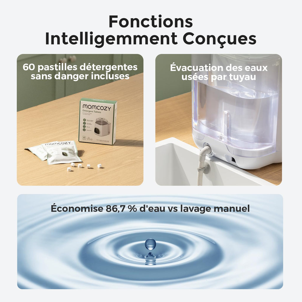 Nettoyeur biberons automatique avec stérilisation vapeur et séchage cycle rapide 19 min pour biberons et accessoires bébé