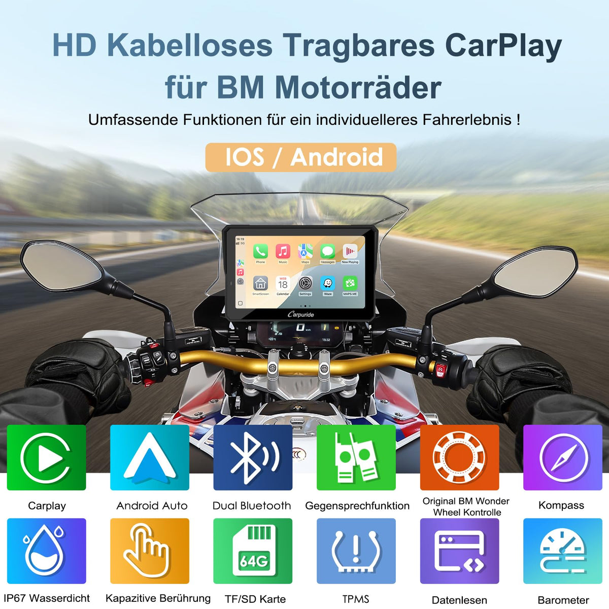 Motorrad CarPlay Display 702BS Pro 7 Zoll 1024 x 600 Wireless CarPlay Android Auto für BMW R1200GS R1250GS S1000XR R1300GS