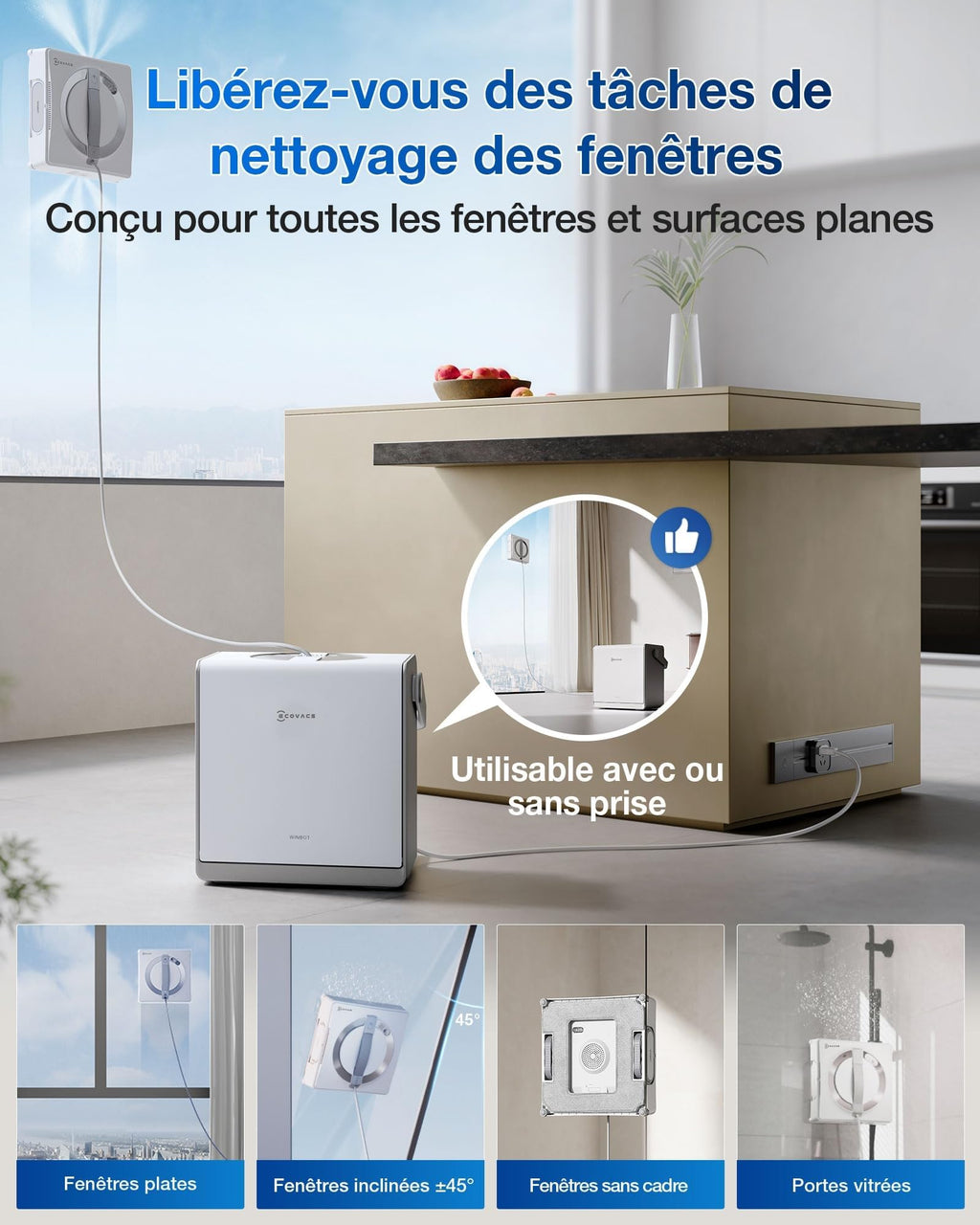 Robot nettoyeur de vitres WINBOT W2 Pro Omni WG851-11 avec station multifonction pulvérisation triple buse et système de protection 12 niveaux