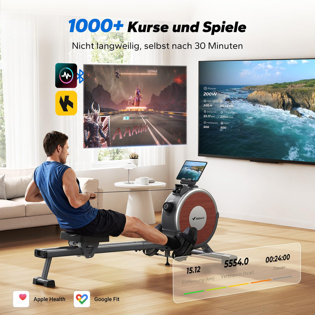 Rudergerät für Zuhause mit 16 magnetischen Widerstandsstufen, 3-kg-Schwungrad und App-Anbindung, klappbar