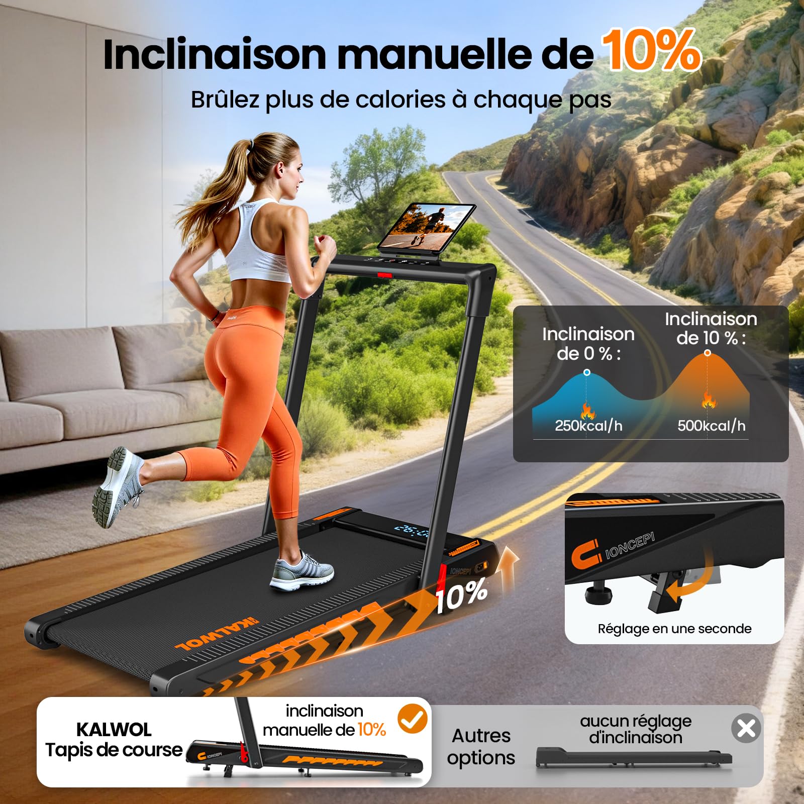 Tapis de course pliable 6 en 1 inclinaison 10% moteur 3 CV vitesse 12 km/h Bluetooth écran LED capacité 160 kg