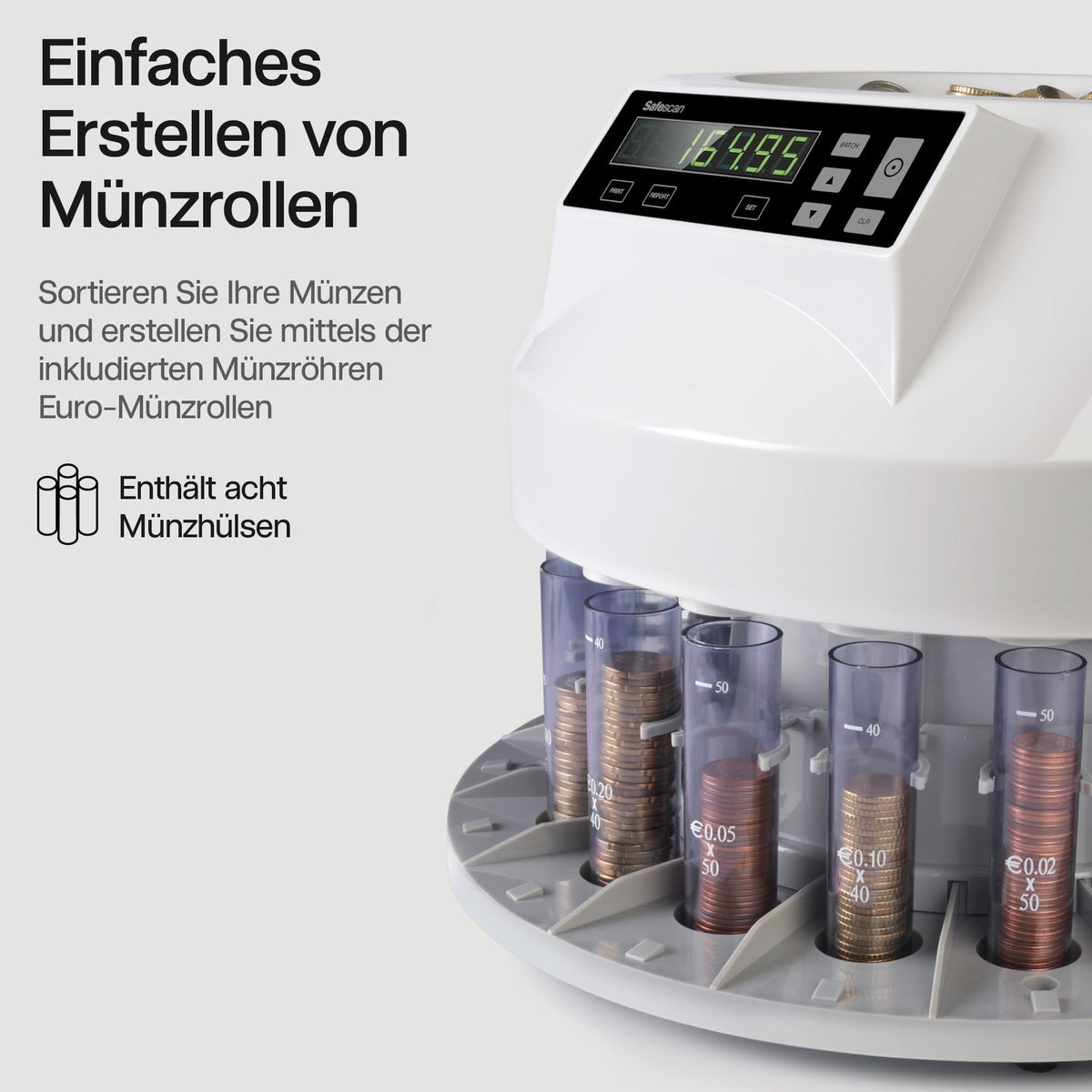 Münzzähler und Sortierer für Euro-Münzen 1250 mit Stapel- und Münzrollen-Funktion automatischer Stopp bei vollem Münzbehälter