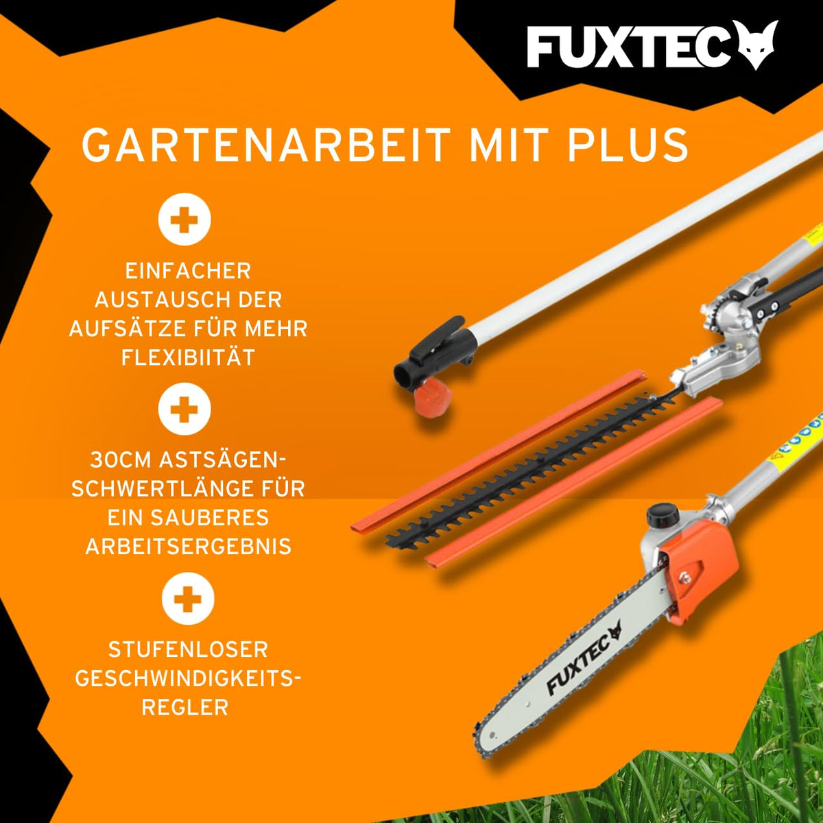Benzin Motorsense 5in1 Multitool 52 ccm 3 PS mit Heckenschere, Hochentaster, Doppelfadenkopf und 3-Zahn-Messer