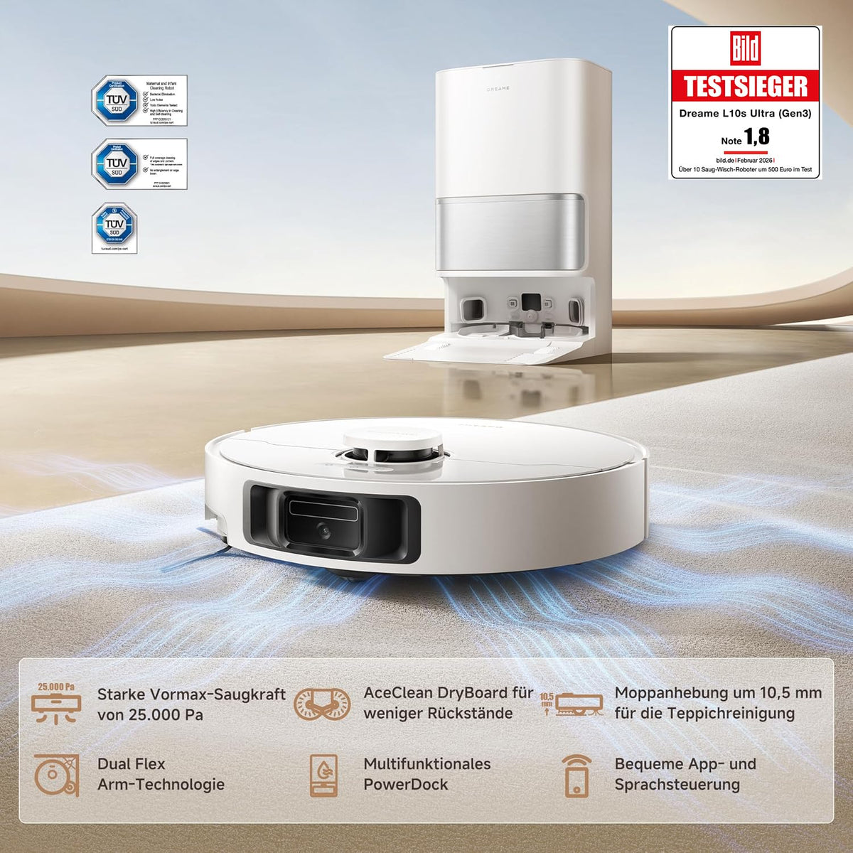 Saugroboter mit Wischfunktion L10s Ultra Gen 3 Kit 25.000 Pa, All-in-One-Station mit automatischer Reinigung und 200 ml Reinigungsflüssigkeit