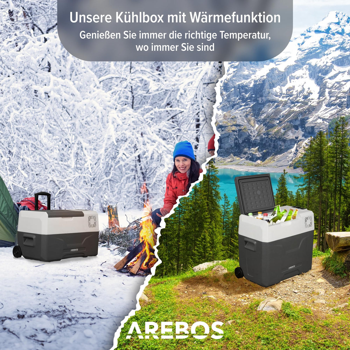 Kompressor-Kühlbox 47 Liter mit Rollen Teleskopstange App-Steuerung LCD-Touchscreen 12/24 V und 230 V Kühl- und Warmfunktion