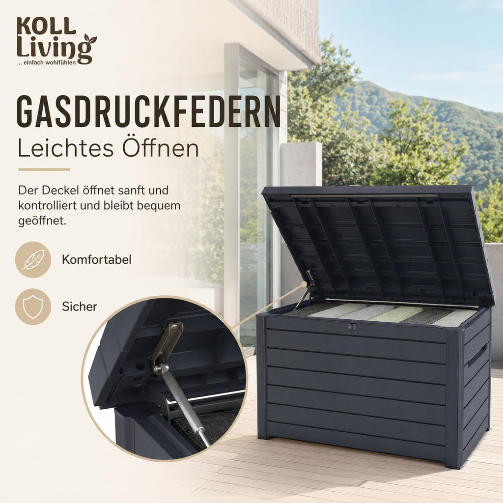 Auflagenbox 870 L in Holzoptik, abschließbar und wasserdicht mit Belüftung, Deckel bis 50 kg belastbar