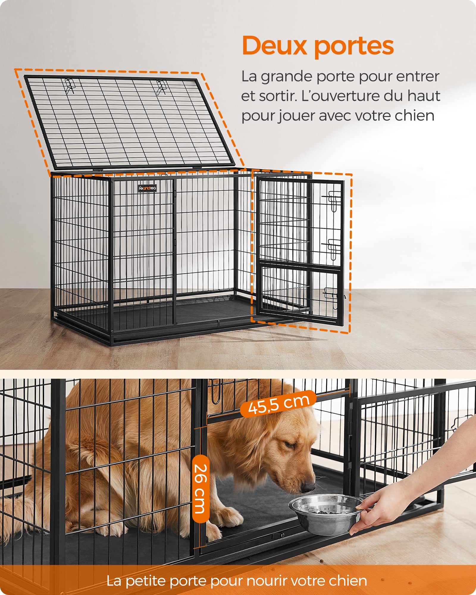 Cage pour chien XXL double porte PPD003B01 acier allié 122 x 74,5 x 80,5 cm avec plateau amovible