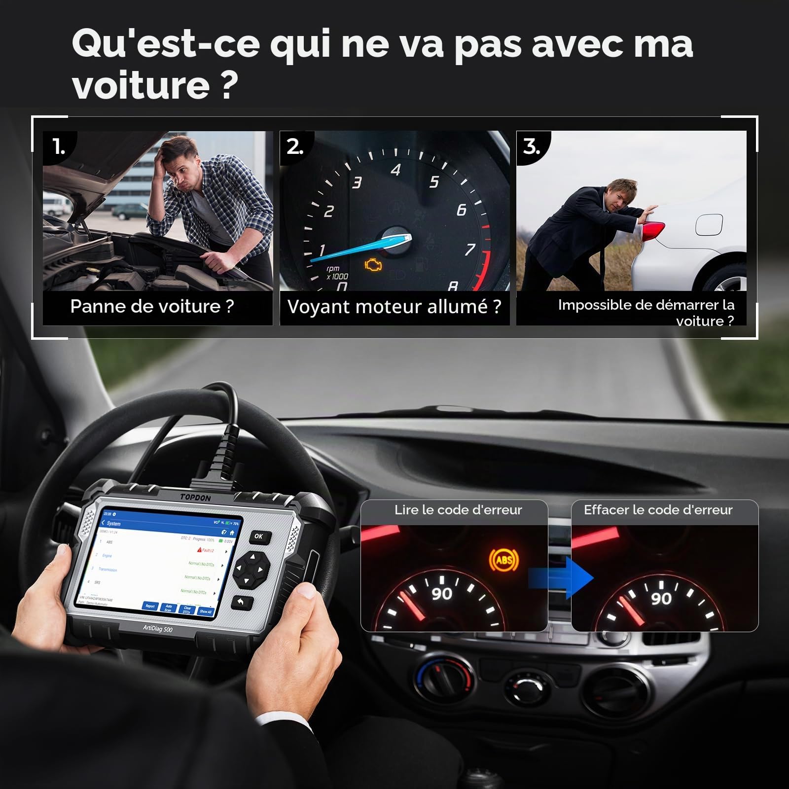 Valise diagnostic auto AD500 OBD2 4 systèmes moteur ABS SRS transmission écran 5 pouces réinitialisation service