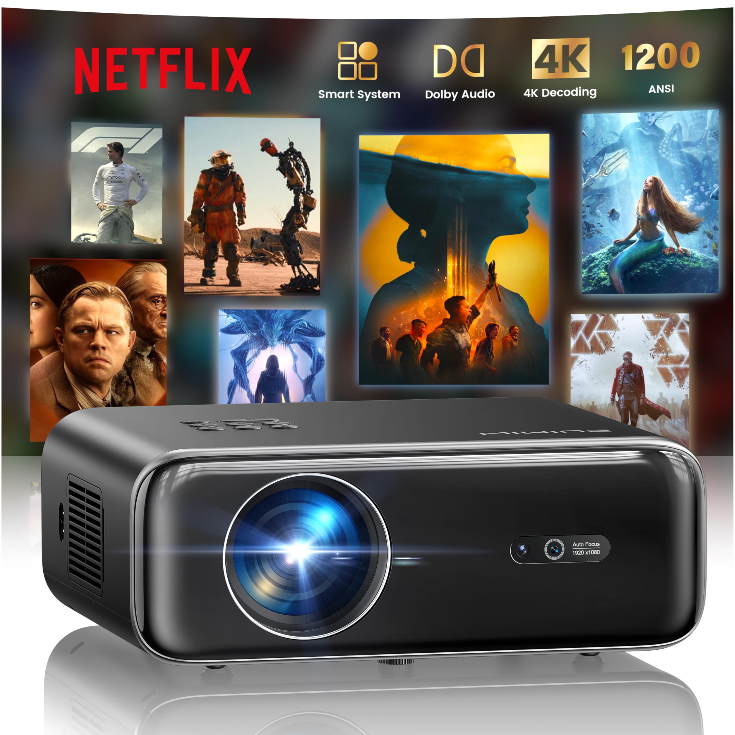 Vidéoprojecteur 4K Smart avec Netflix WiFi 6 Bluetooth HDR10 1500 ANSI FHD 1080P autofocus correction trapèze Home Cinéma