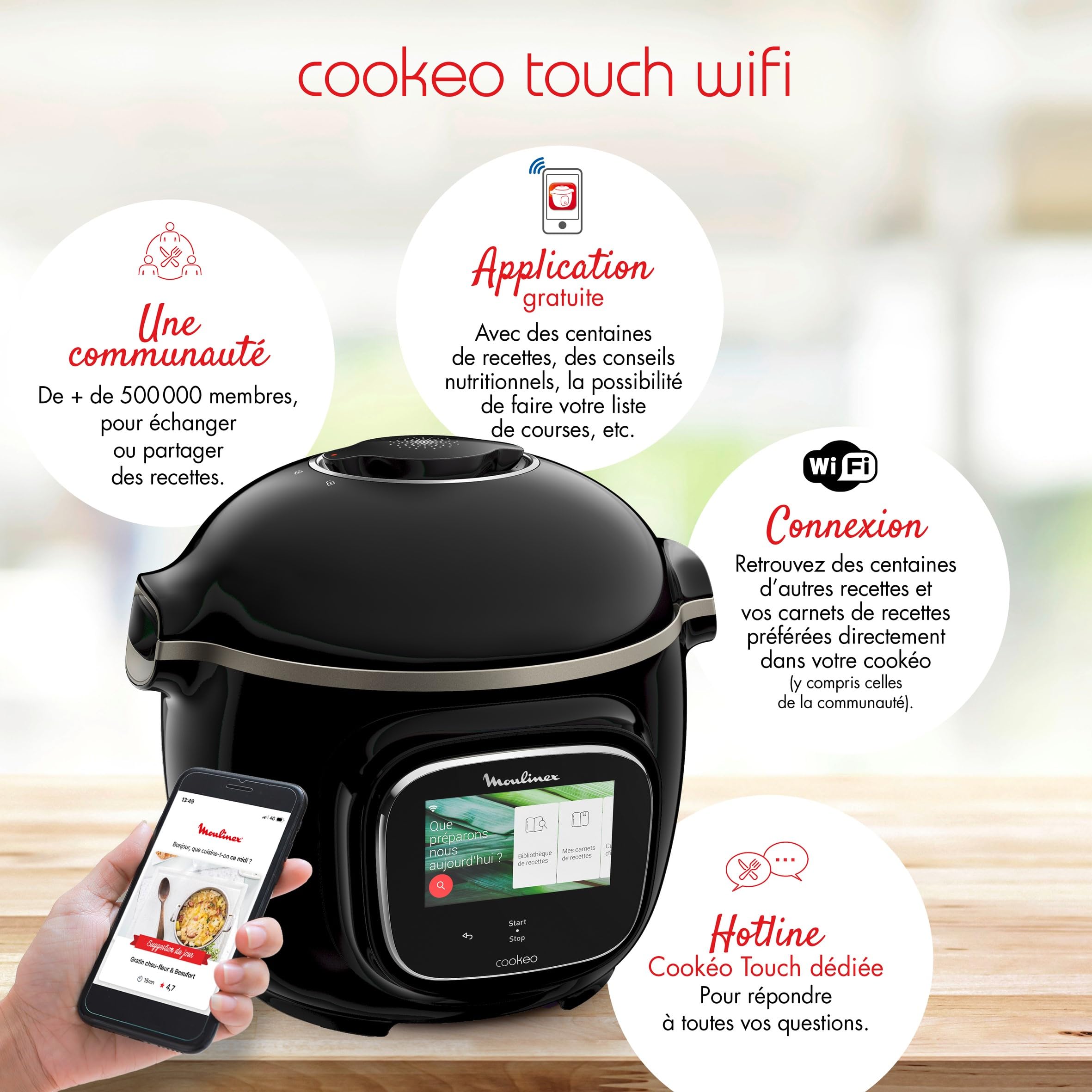 Multicuiseur intelligent Cookeo Touch Wifi 6L haute pression avec écran tactile 250 recettes intégrées