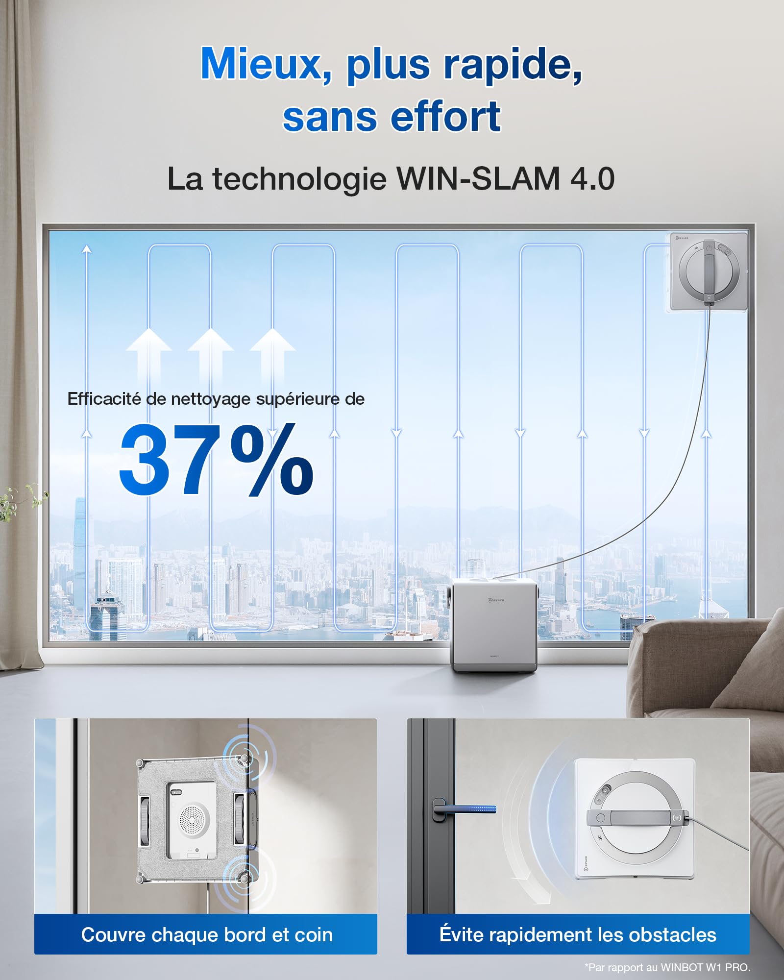 Robot nettoyeur de vitres WINBOT W2 Pro Omni WG851-11 avec station multifonction pulvérisation triple buse et système de protection 12 niveaux