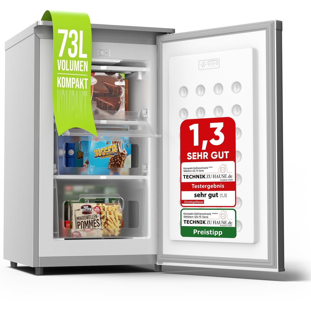 Klein-Gefrierschrank 73 L mit 4-Sterne-Gefrierfach, 3 Fächer und wechselbarem Türanschlag, silber