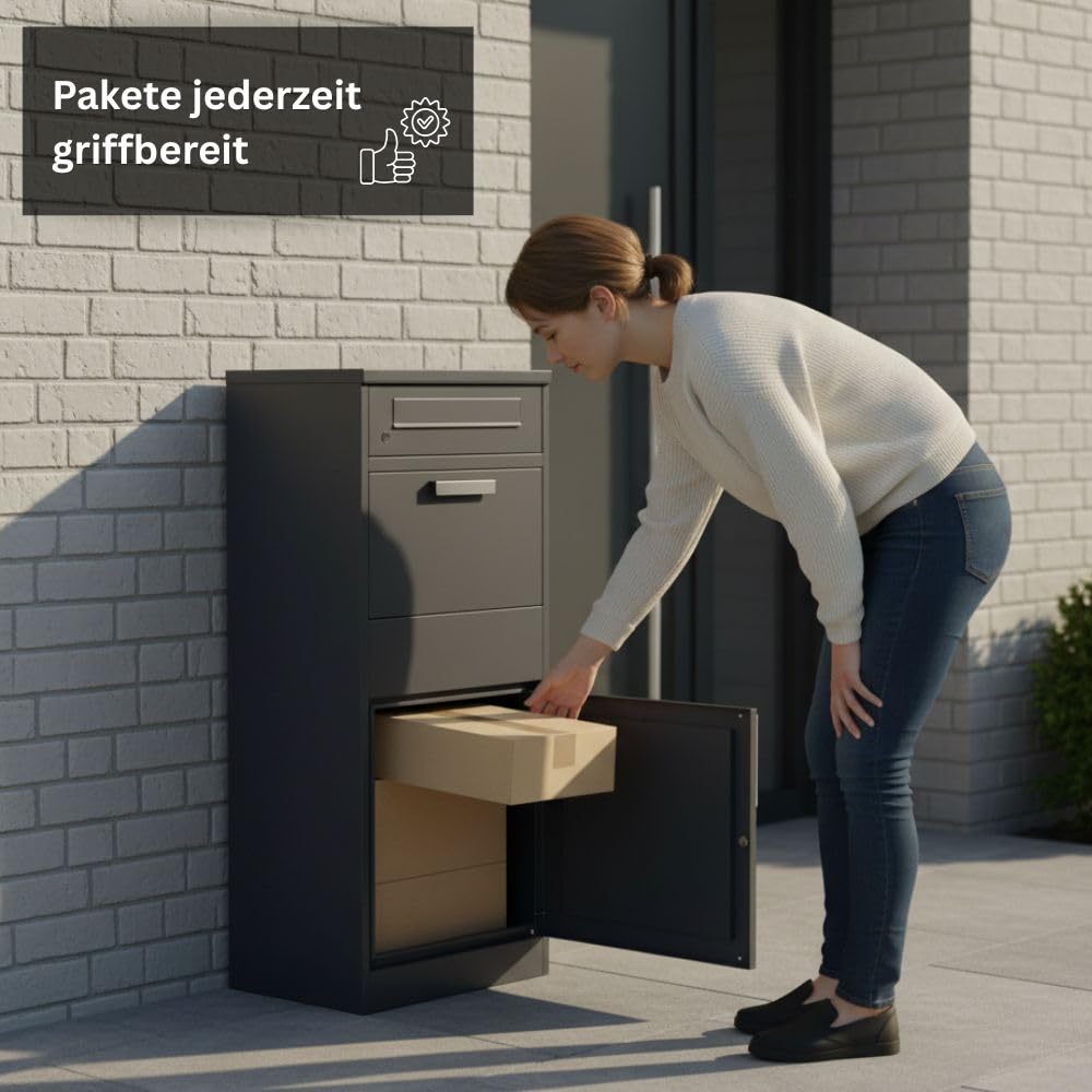 Freistehender Paketbriefkasten XXL mit Paketfach und Briefkasten, abschließbar, anthrazit, 112 cm hoch, inkl. 2 Schlüssel pro Schloss und Bodendübel