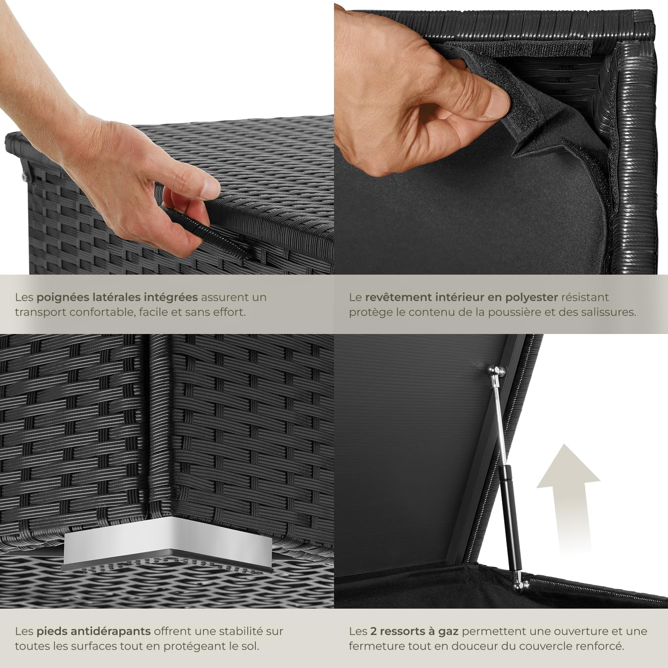 Coffre de jardin rangement extérieur polyrotin 750 L aluminium 145 x 82,5 x 79,5 cm couvercle rabattable