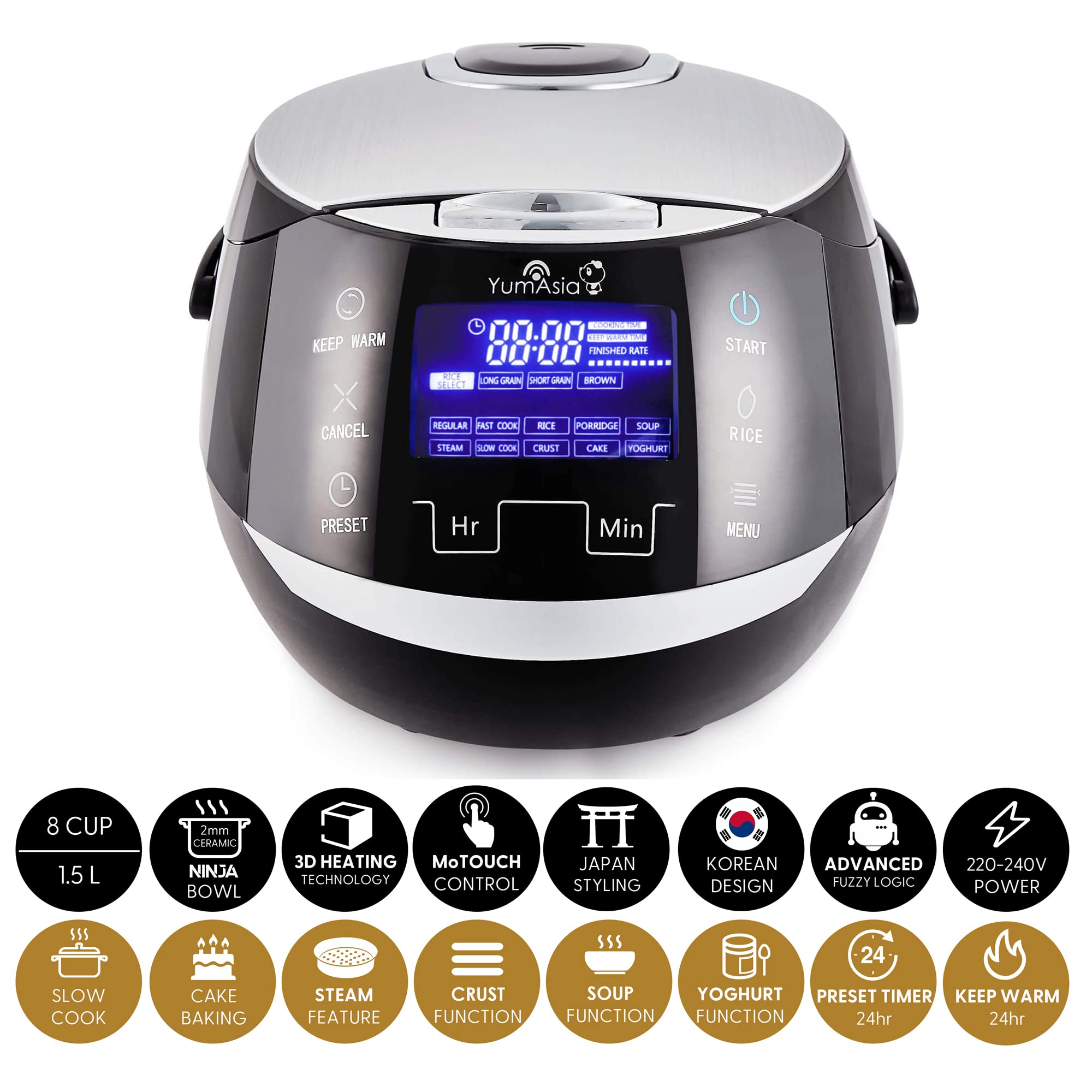 Cuiseur à riz intelligent Sakura 1,5L avec bol céramique 8 tasses logique floue avancée 6 fonctions de cuisson