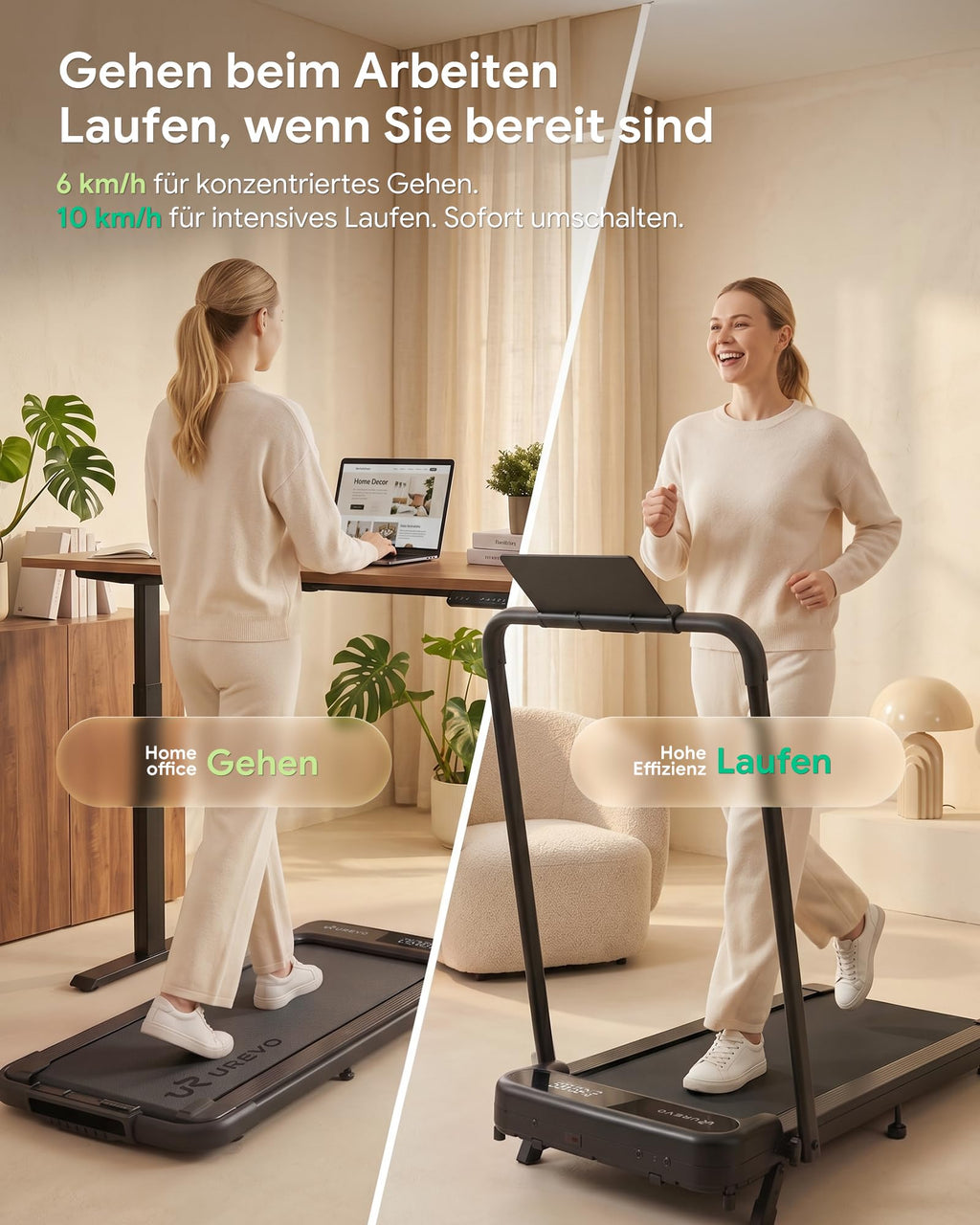 2-in-1 Walking Pad Laufband für Zuhause, klappbar mit App, 1–10 km/h und 120 kg Belastbarkeit