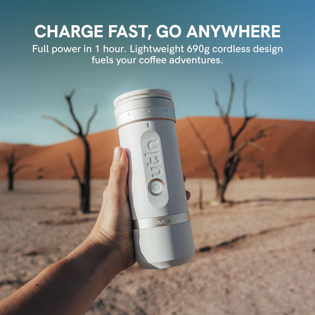 Elektrische Kaffeemühle Fino mit Kegelmahlwerk aus Edelstahl, 28 Mahlgrade, USB-C, tragbar, Tundra Brown