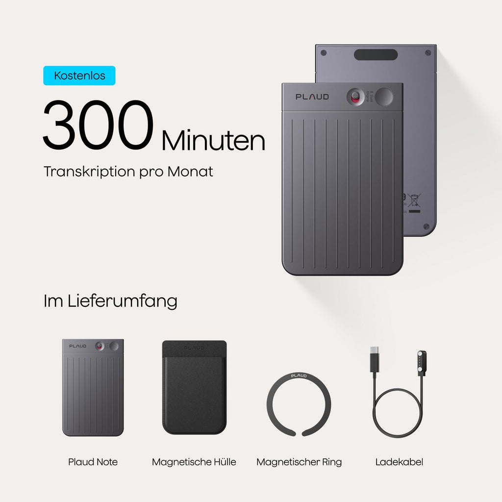 KI-Diktiergerät Plaud Note mit 64 GB, 30 Std. Aufnahme und magnetischer Hülle in Schwarz