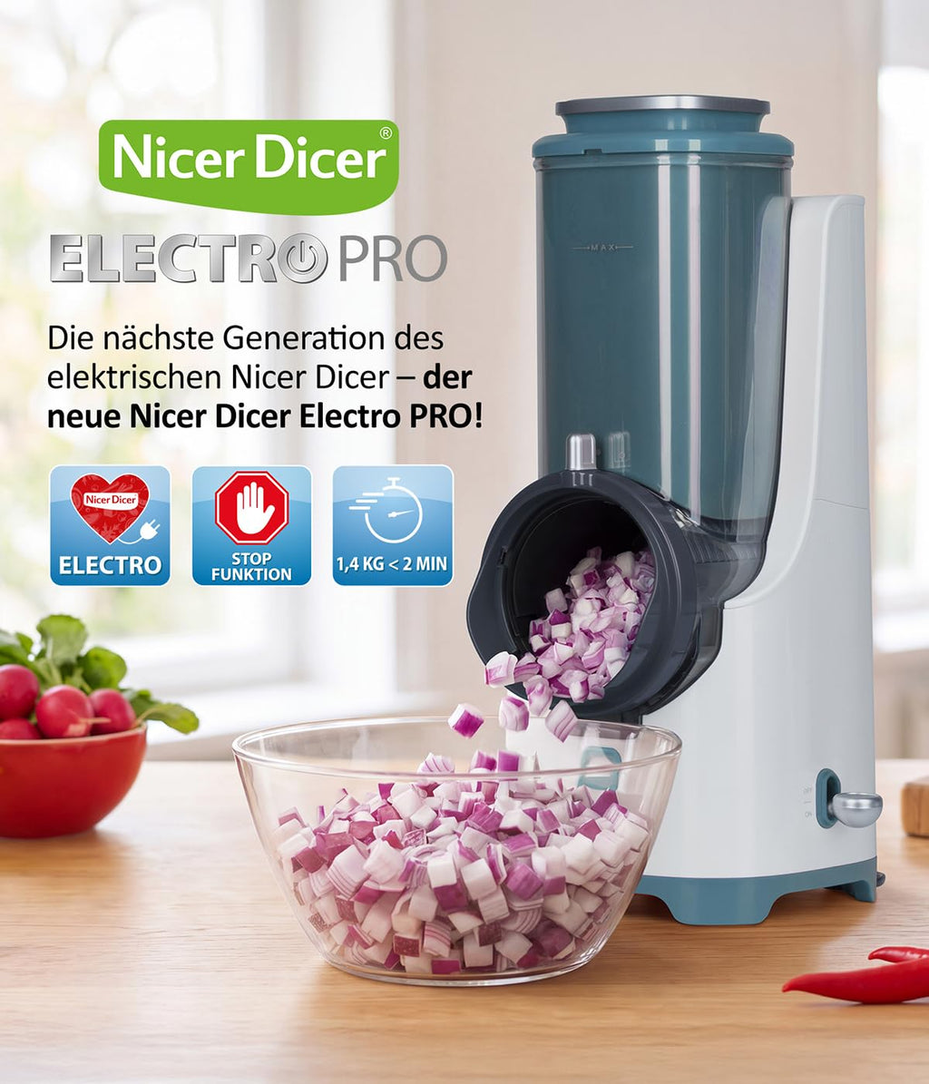 Elektrischer Gemüseschneider Nicer Dicer Electro PRO Set 32-teilig in Sage mit 9 Einsätzen zum Reiben, Hobeln, Würfeln und Schneiden