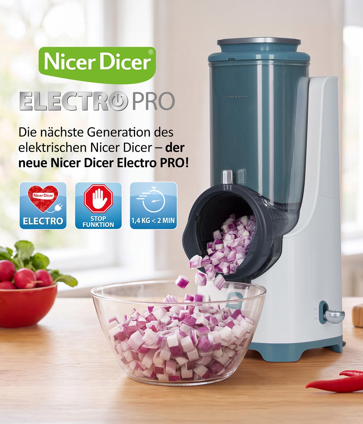 Elektrischer Gemüseschneider Nicer Dicer Electro PRO Set 32-teilig in Sage mit 9 Einsätzen zum Reiben, Hobeln, Würfeln und Schneiden