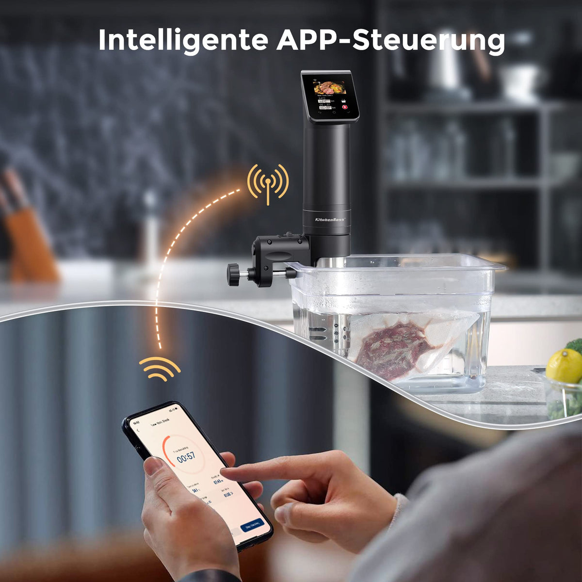 Sous Vide Garer Stick G330 mit WLAN, Präzisionskocher bis 90 °C, IPX7 wasserdicht, 1100 W, TFT-Touchdisplay und Timer