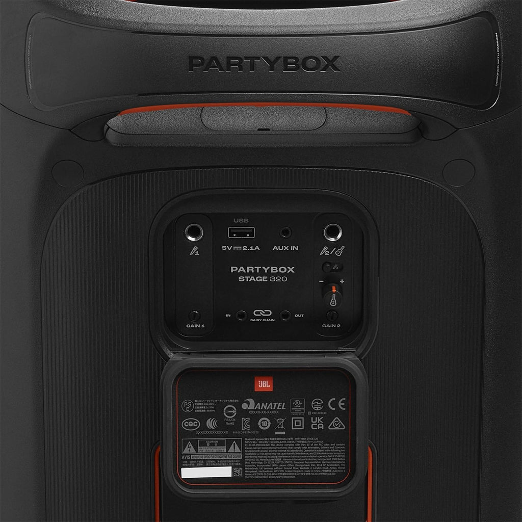 Enceinte portable Partybox Stage 320 avec son JBL Pro éclairage LED roulettes poignée télescopique et autonomie 18 h