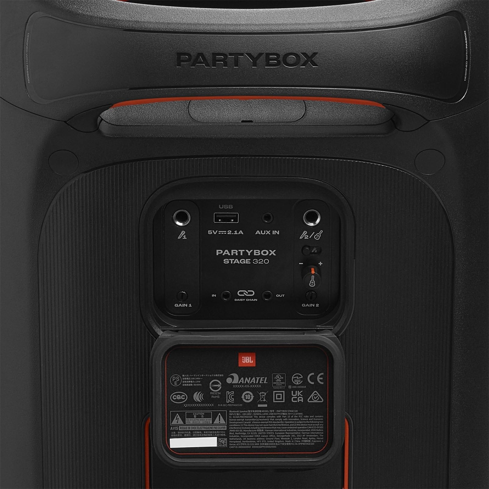 Enceinte portable Partybox Stage 320 avec son JBL Pro éclairage LED roulettes poignée télescopique et autonomie 18 h