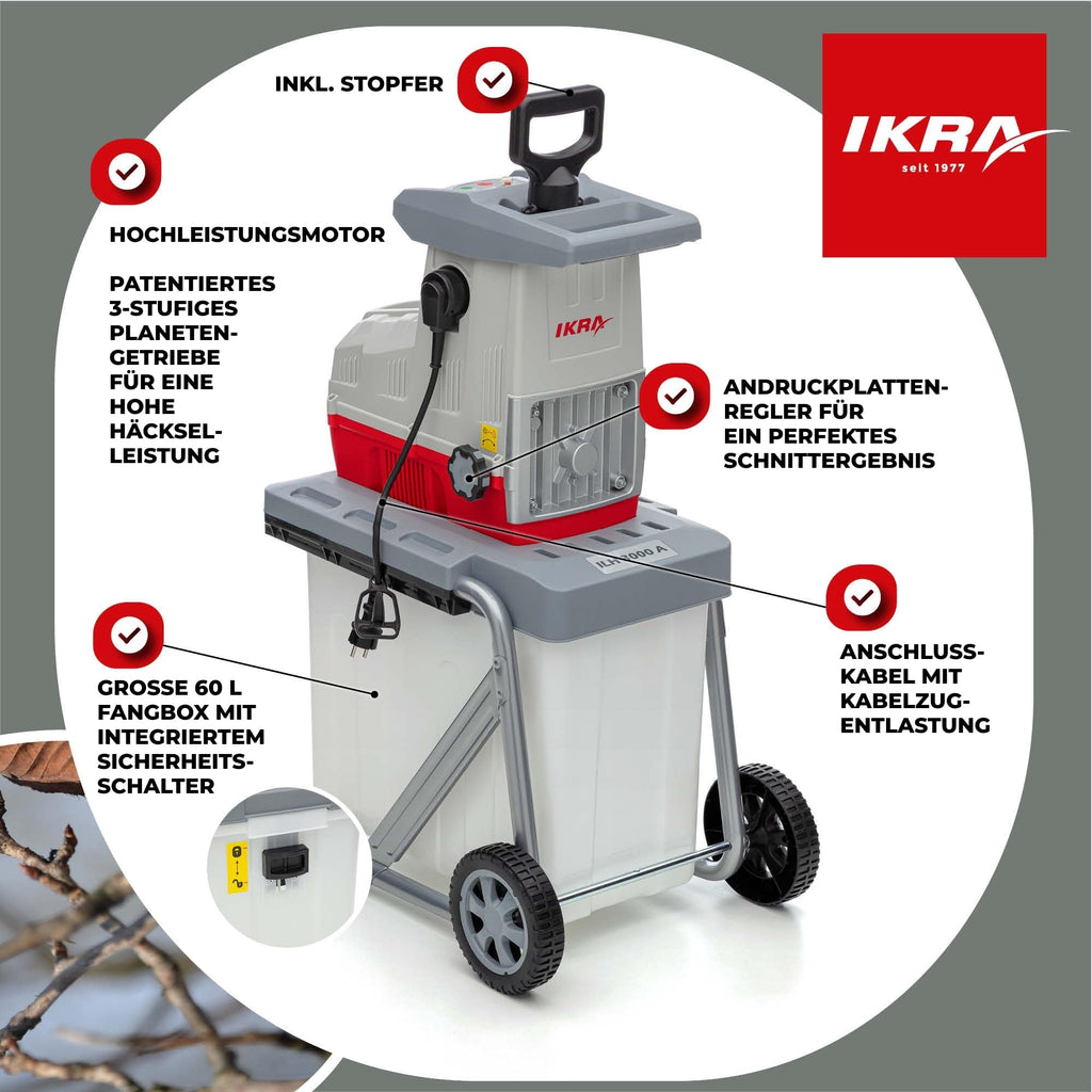 Elektro Gartenhäcksler Walzenhäcksler ILH 3000A mit 3000 Watt und Aststärke bis 44 mm, inkl. 60-Liter-Fangbox und Stopfer