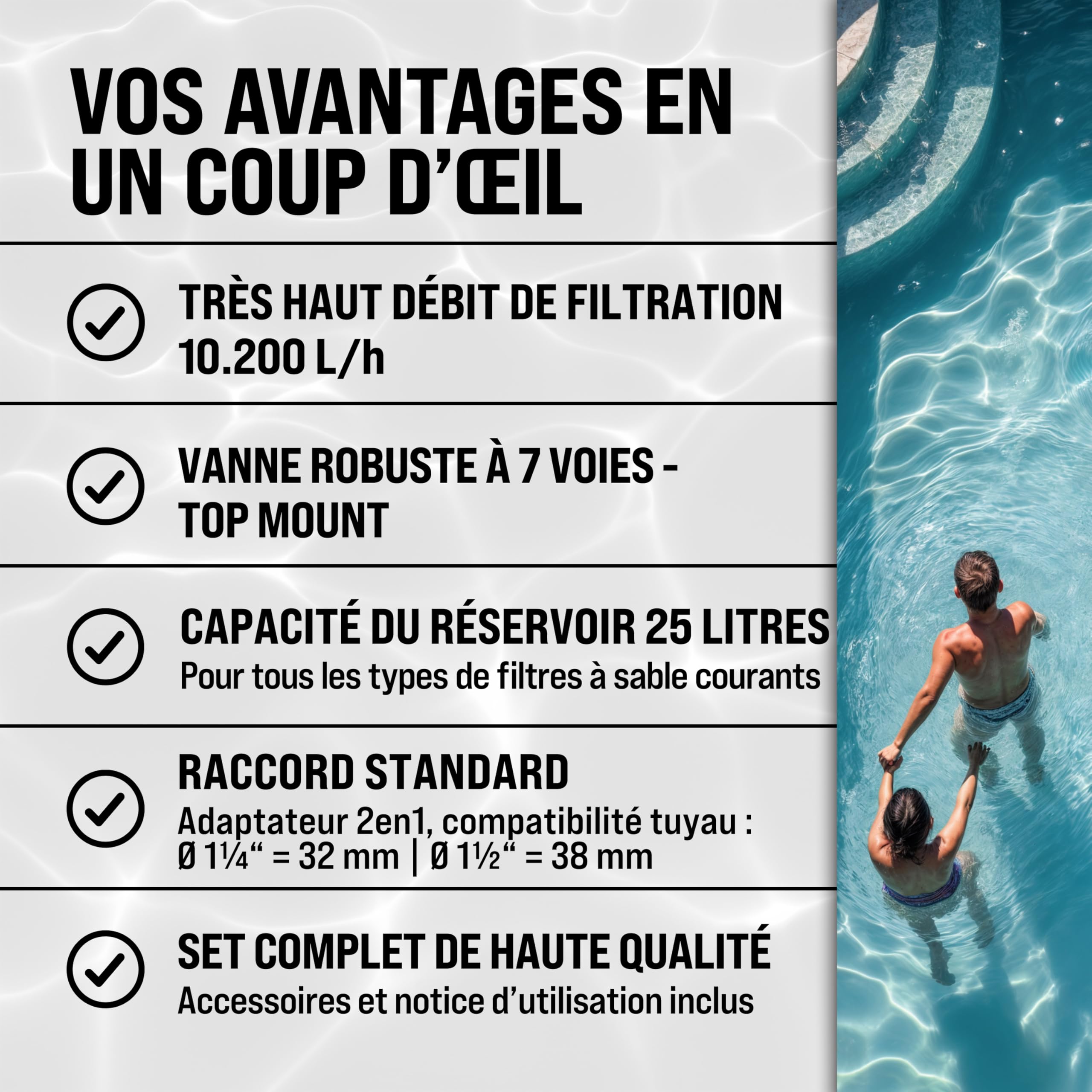 Pompe de filtration à sable piscine 10,2 m³/h auto-amorçante avec réservoir 25 L vanne 7 voies raccords 32 38 mm
