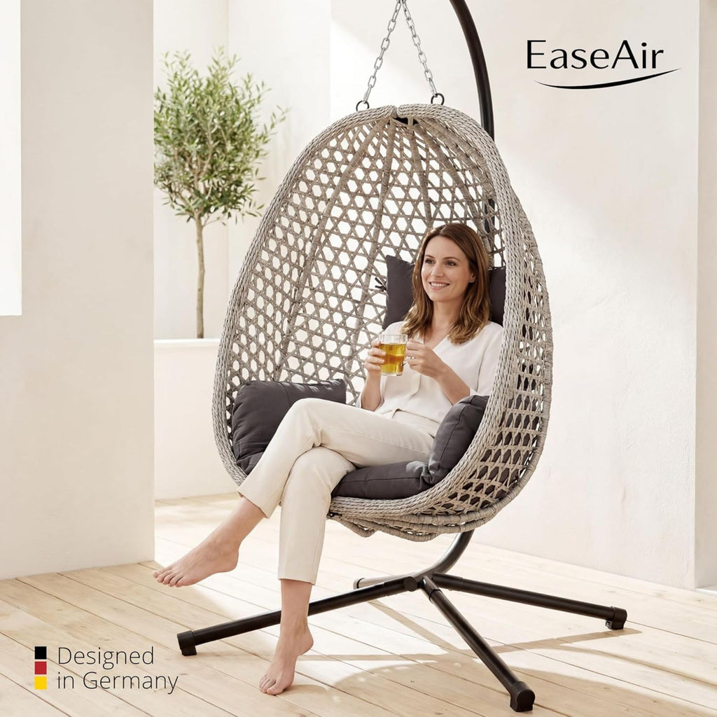 Hängesessel mit Gestell für Outdoor und Indoor, faltbarer Loungesessel aus PE-Rattan in Grau mit Wendebezug und Abdeckplane, bis 150 kg