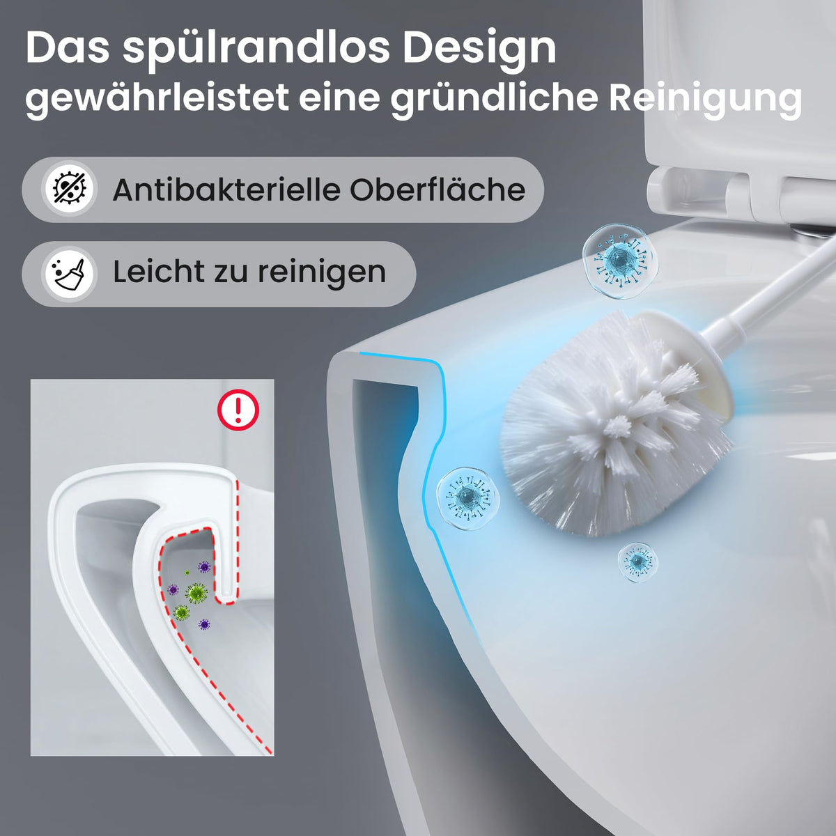 Spülrandloses Wand-WC CD-DT001, 48 cm Hänge-WC aus Keramik mit 360° Tornado-Spülung, Soft-Close UF-Sitz und 3–4,5 L Wasserverbrauch