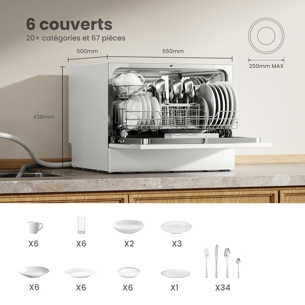 Lave-vaisselle compact TD602E-W 6 couverts 6 programmes écran LED démarrage différé 47 dB