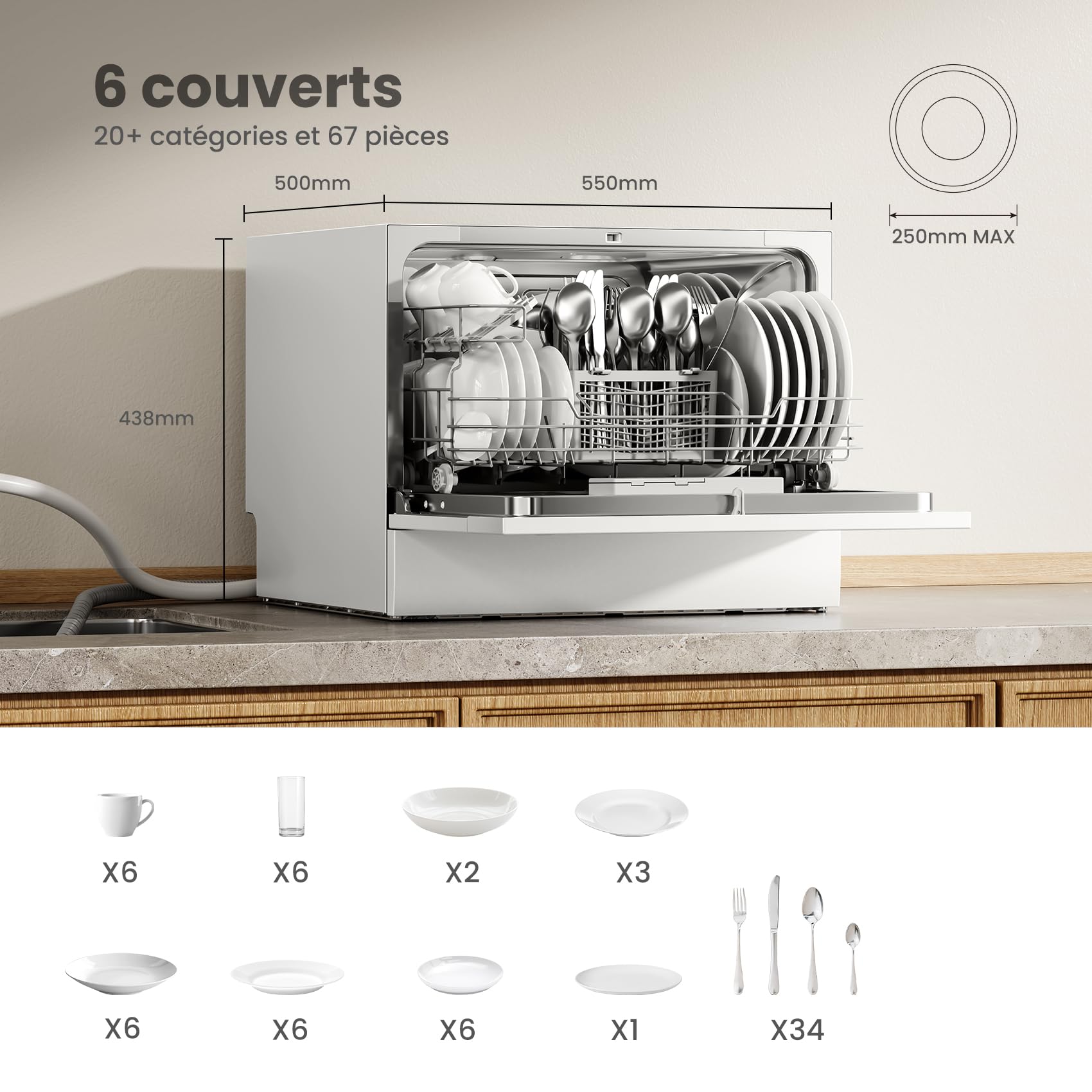 Lave-vaisselle compact TD602E-W 6 couverts 6 programmes écran LED démarrage différé 47 dB