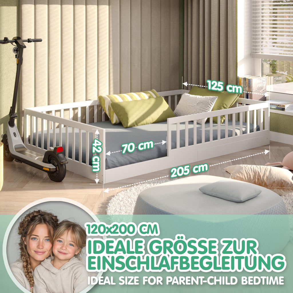 Bodenbett 120x200 cm aus Kiefernholz in Weiß mit abnehmbarem Rausfallschutz und Roll-Lattenrost, bis 200 kg belastbar
