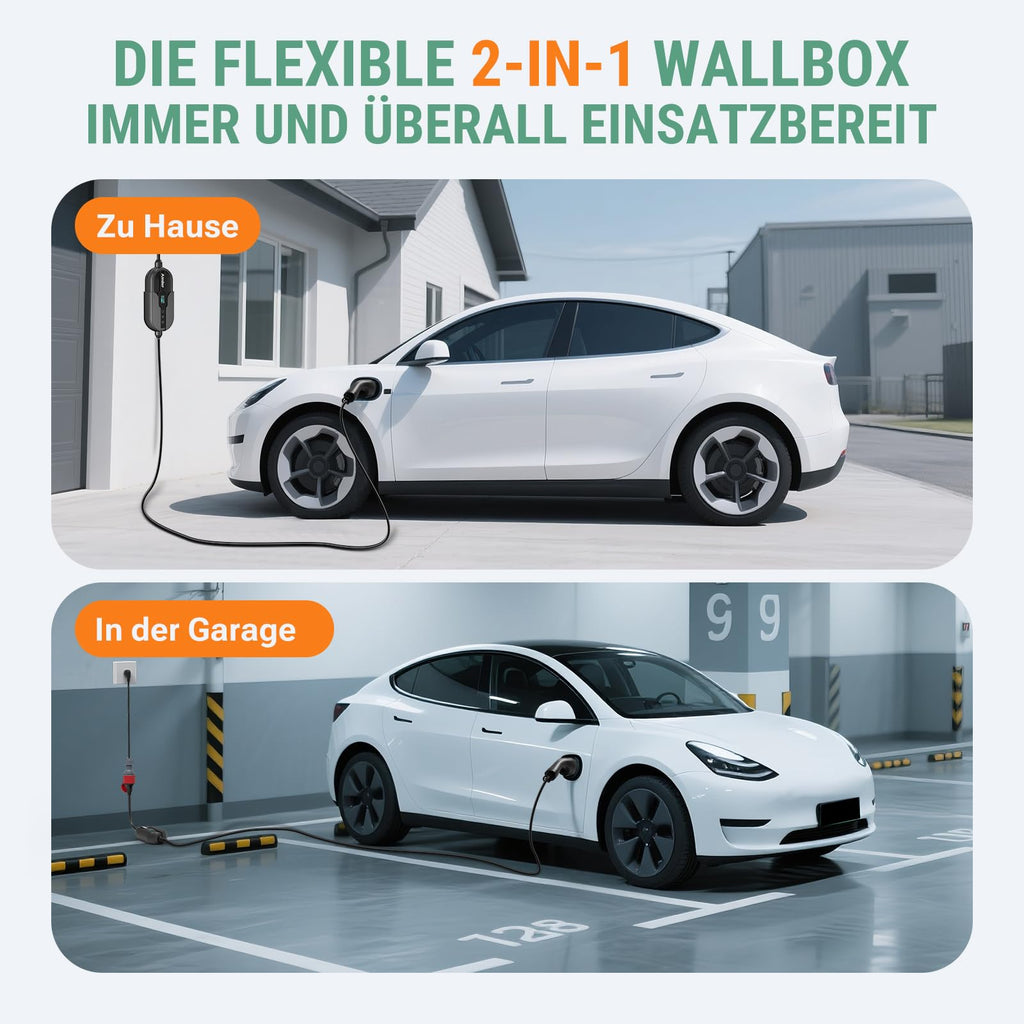 Mobile Wallbox 11 kW mit App-Steuerung, 400 V, 8-16 A, 3-phasig, 7,6 m Typ-2-Ladekabel, IP66, OLED, inkl. Transporttasche und Wandhalterung, schwarz
