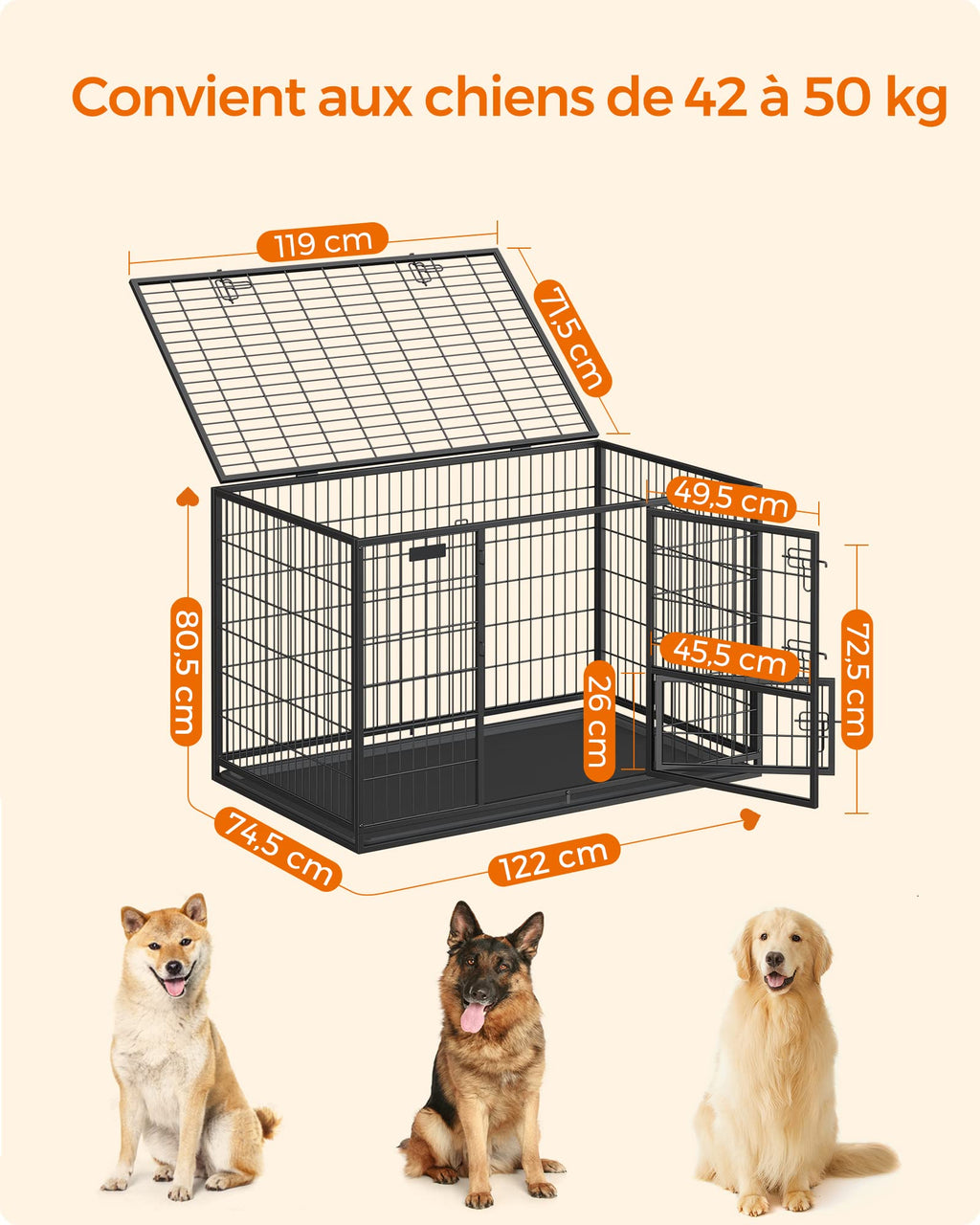 Cage pour chien XXL double porte PPD003B01 acier allié 122 x 74,5 x 80,5 cm avec plateau amovible