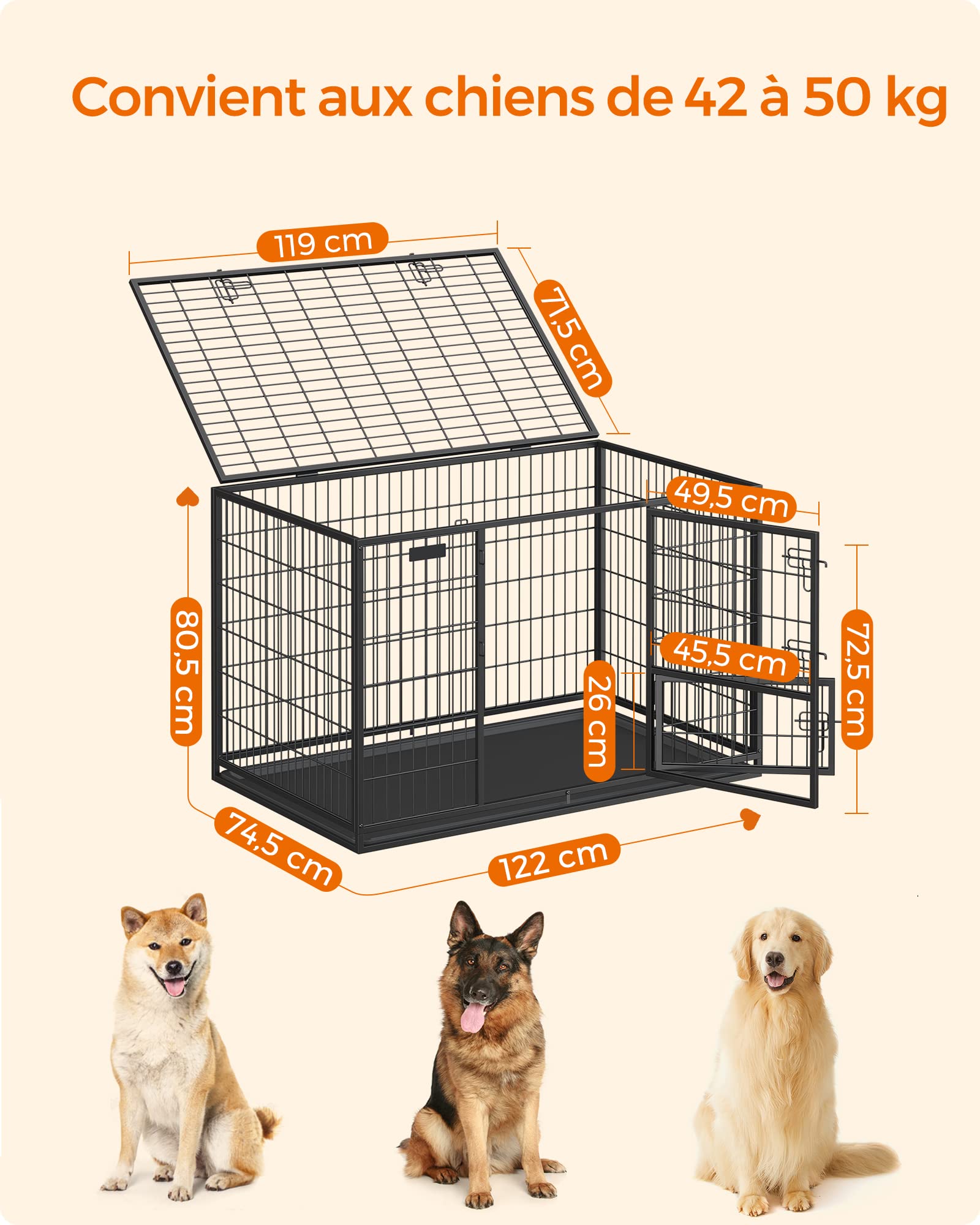 Cage pour chien XXL double porte PPD003B01 acier allié 122 x 74,5 x 80,5 cm avec plateau amovible
